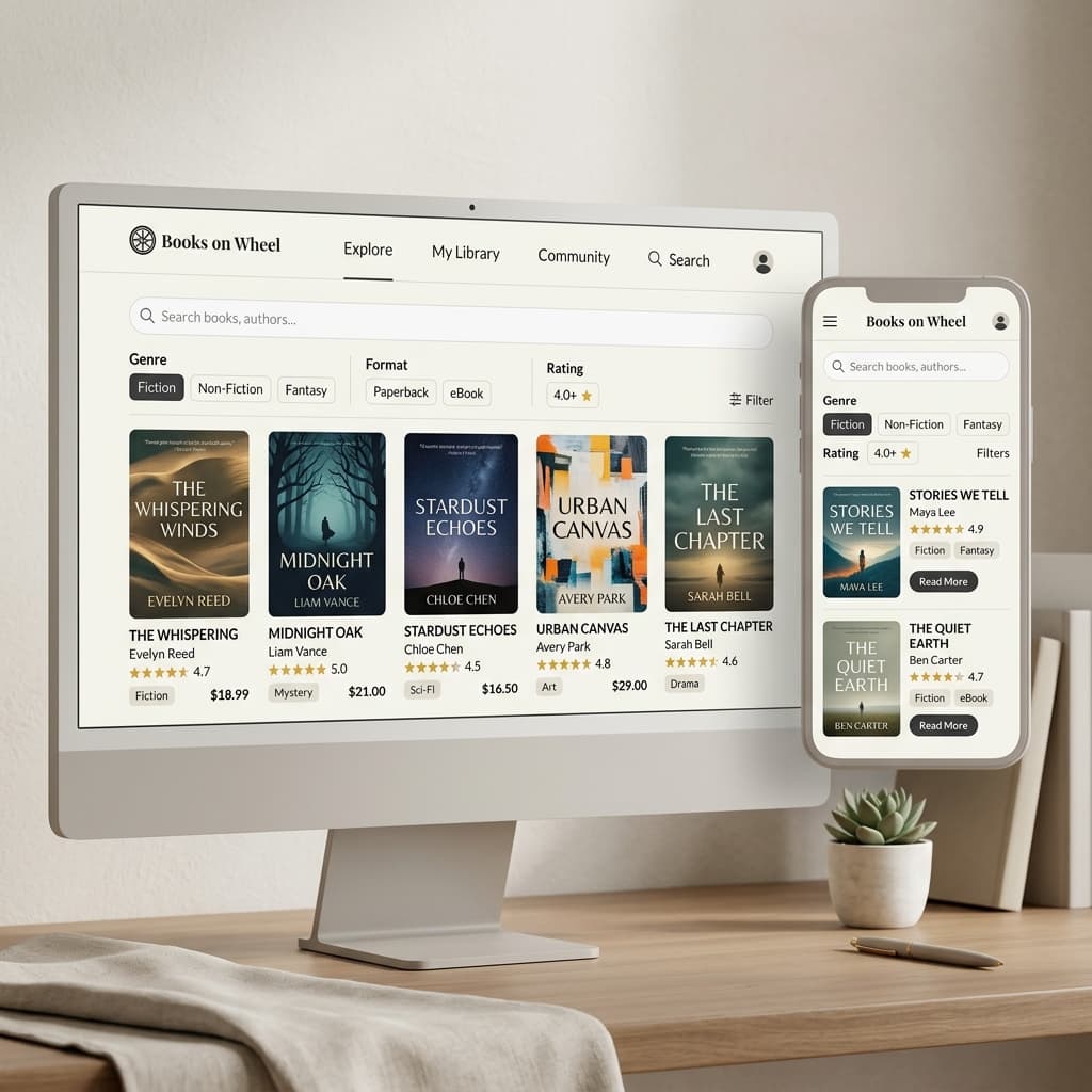 BooksOnWheel responsive design mockup across devices